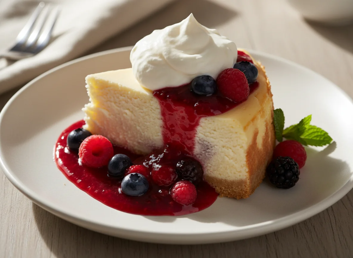 Cheesecake with Whipped Cream and Berry Sauce photo