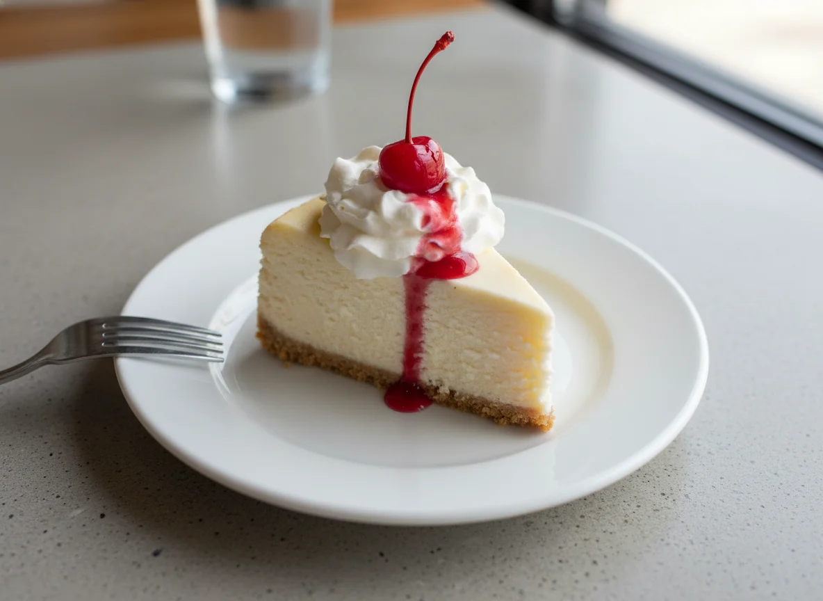 Cheesecake with Whipped Cream and Cherry photo
