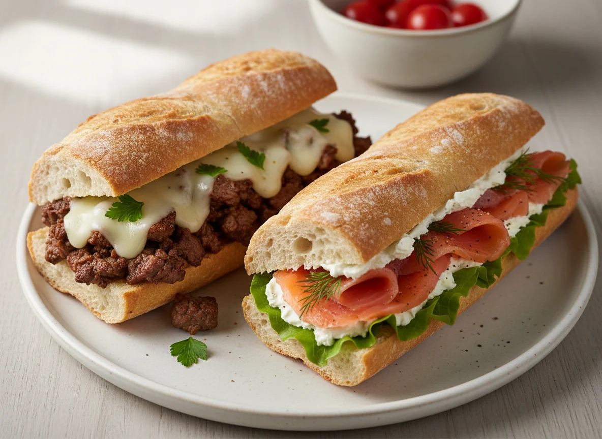 Cheesesteak and Salmon Baguette Sandwiches photo