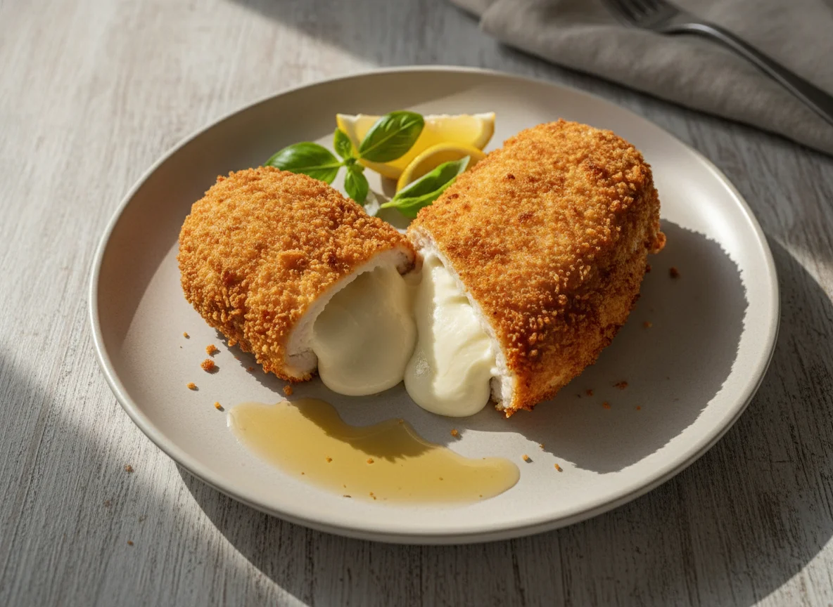 Cheese-stuffed breaded chicken breast photo