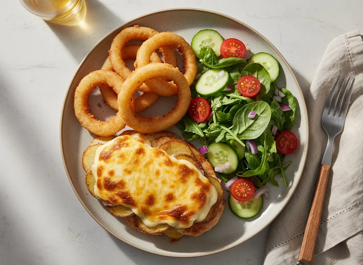Cheesy Chicken with Onion Rings and Side Salad photo