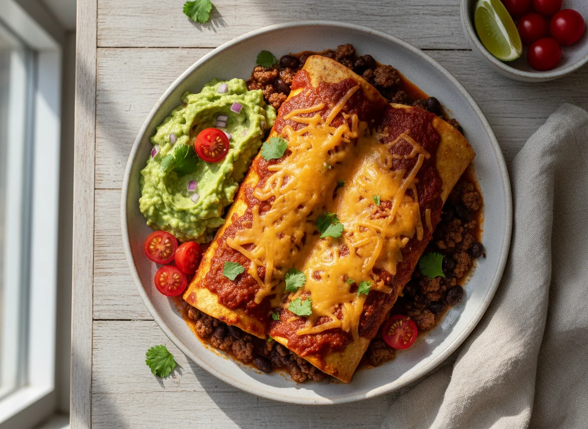 Cheesy Enchiladas with Guacamole and Cherry Tomatoes photo