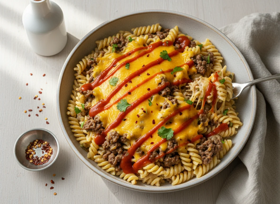 Cheesy Ground Beef Pasta with Hot Sauce photo