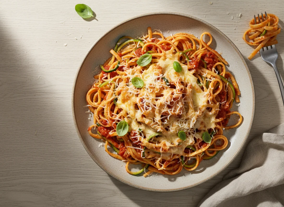 Cheesy Pasta with Tomato Sauce and Zucchini photo