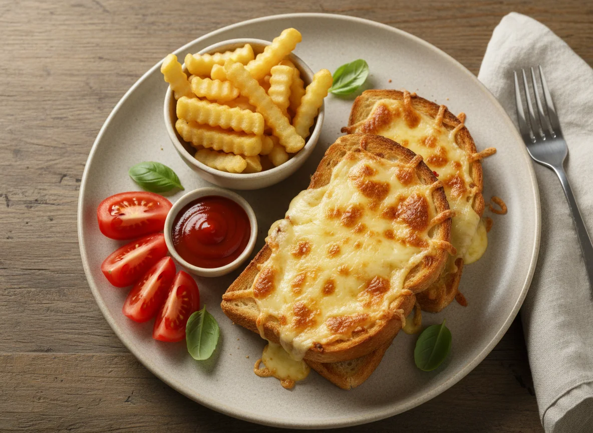Cheesy Toast with Fries and Tomatoes photo