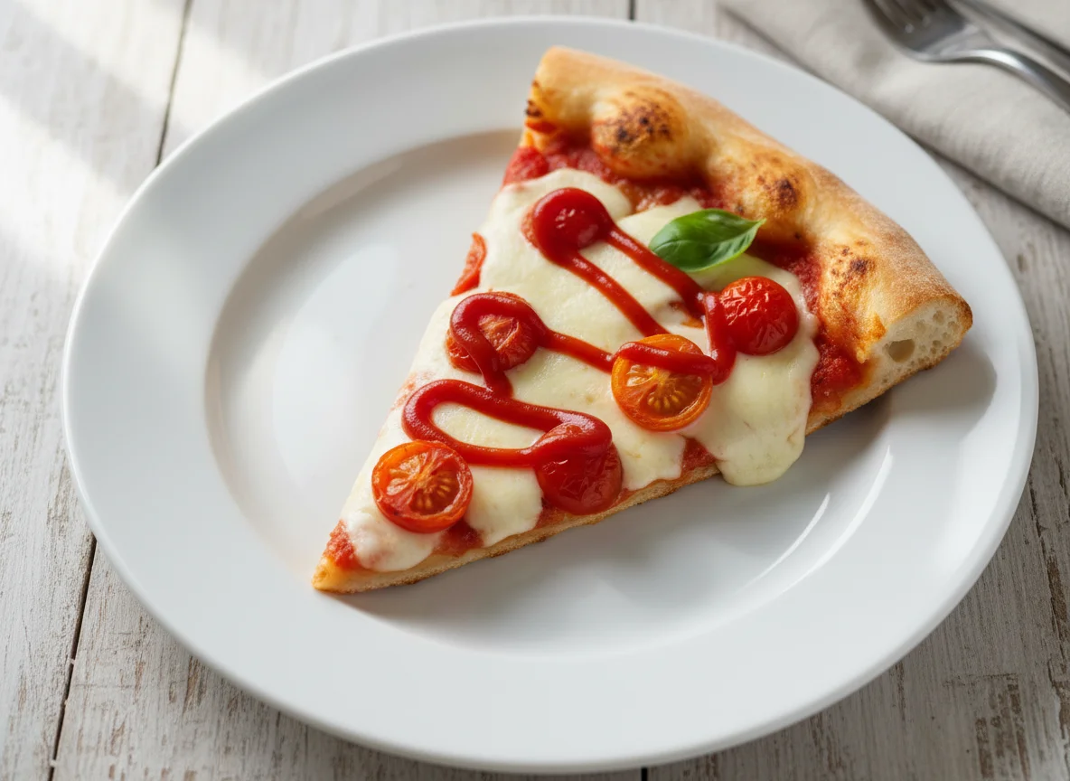 Cherry Tomato and Cheese Pizza Slice with Ketchup photo