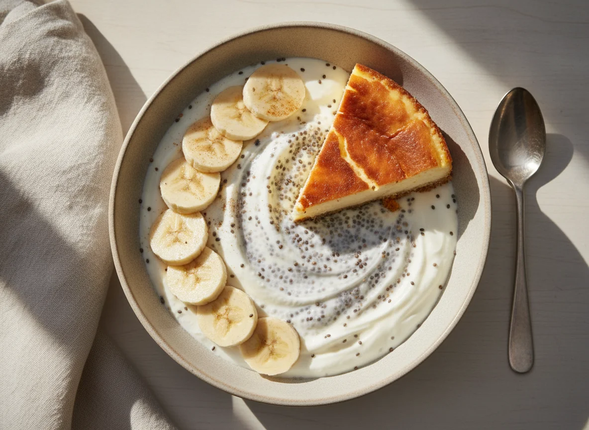 Chia pudding with banana and baked cheesecake photo