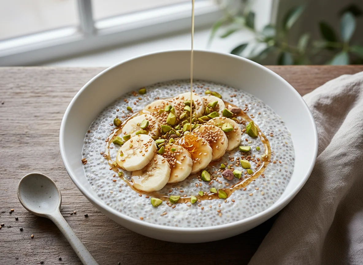 Chia Pudding with Banana, Pistachios, and Sesame Seeds photo