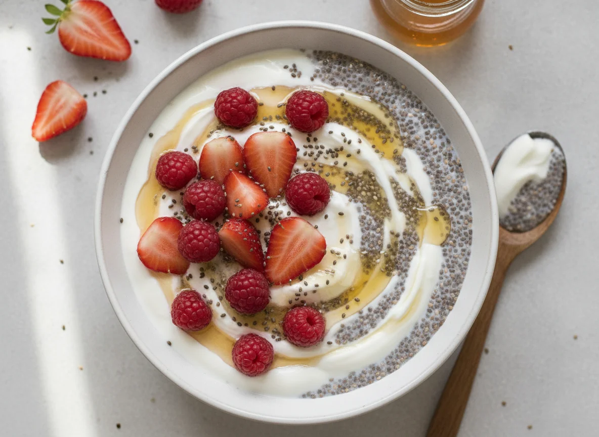 Chia pudding with strawberries photo