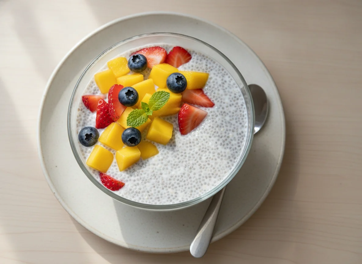 Chia seed pudding with mango, strawberries and blueberries photo