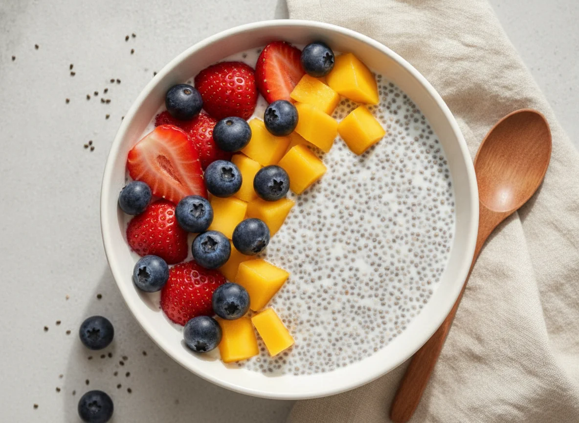 Chia seed pudding with mixed fruit photo