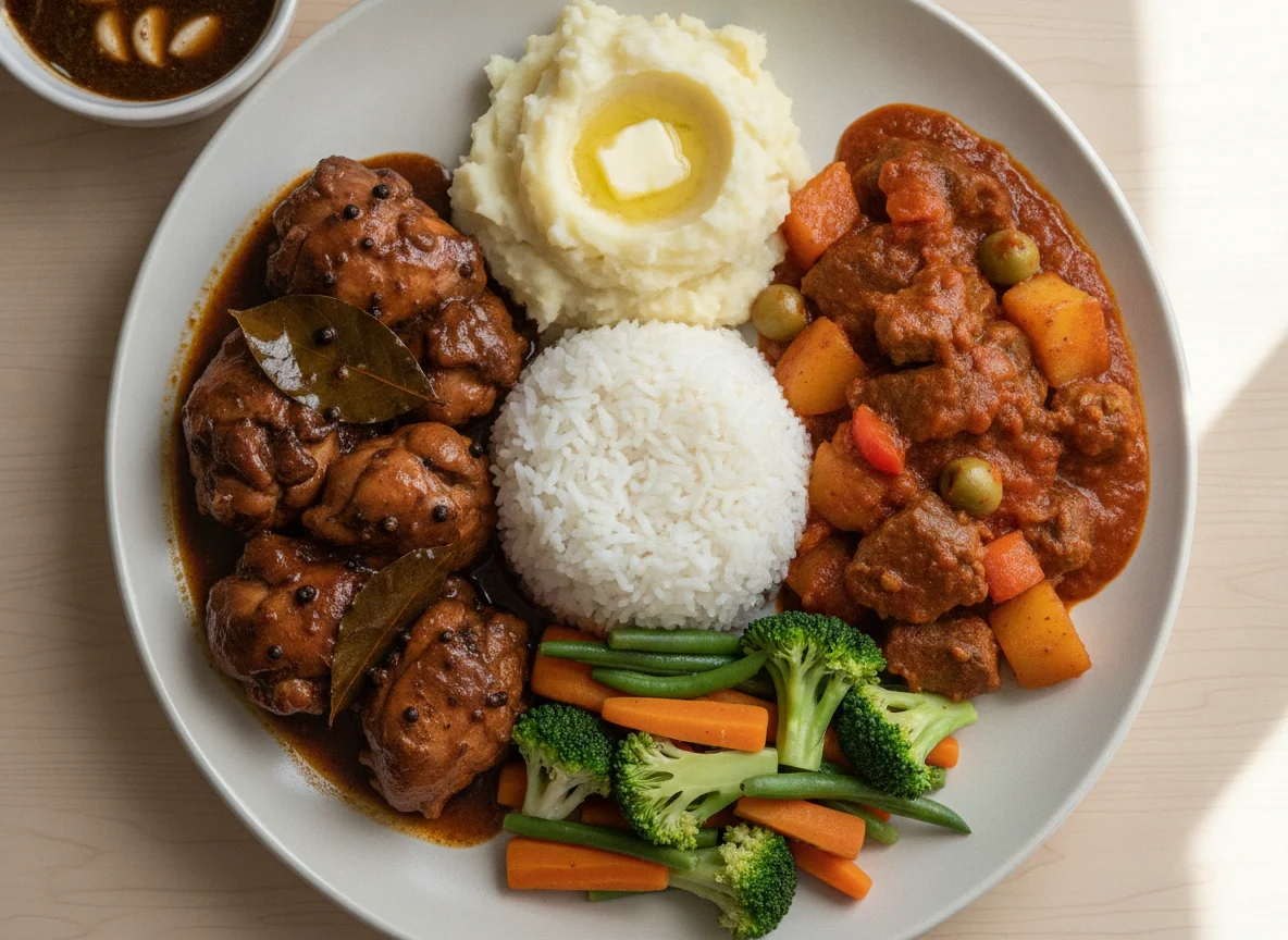 Chicken Adobo and Beef Caldereta with Rice and Vegetables photo