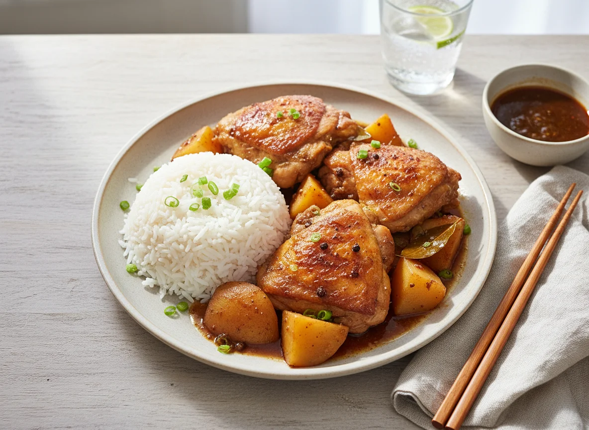 Chicken Adobo with Potatoes and Steamed Rice photo