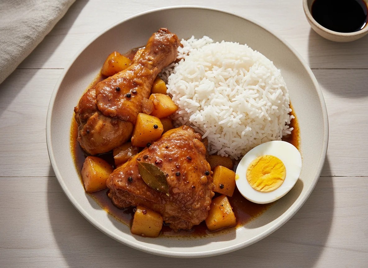Chicken Adobo with Potatoes, Rice, and Boiled Eggs photo