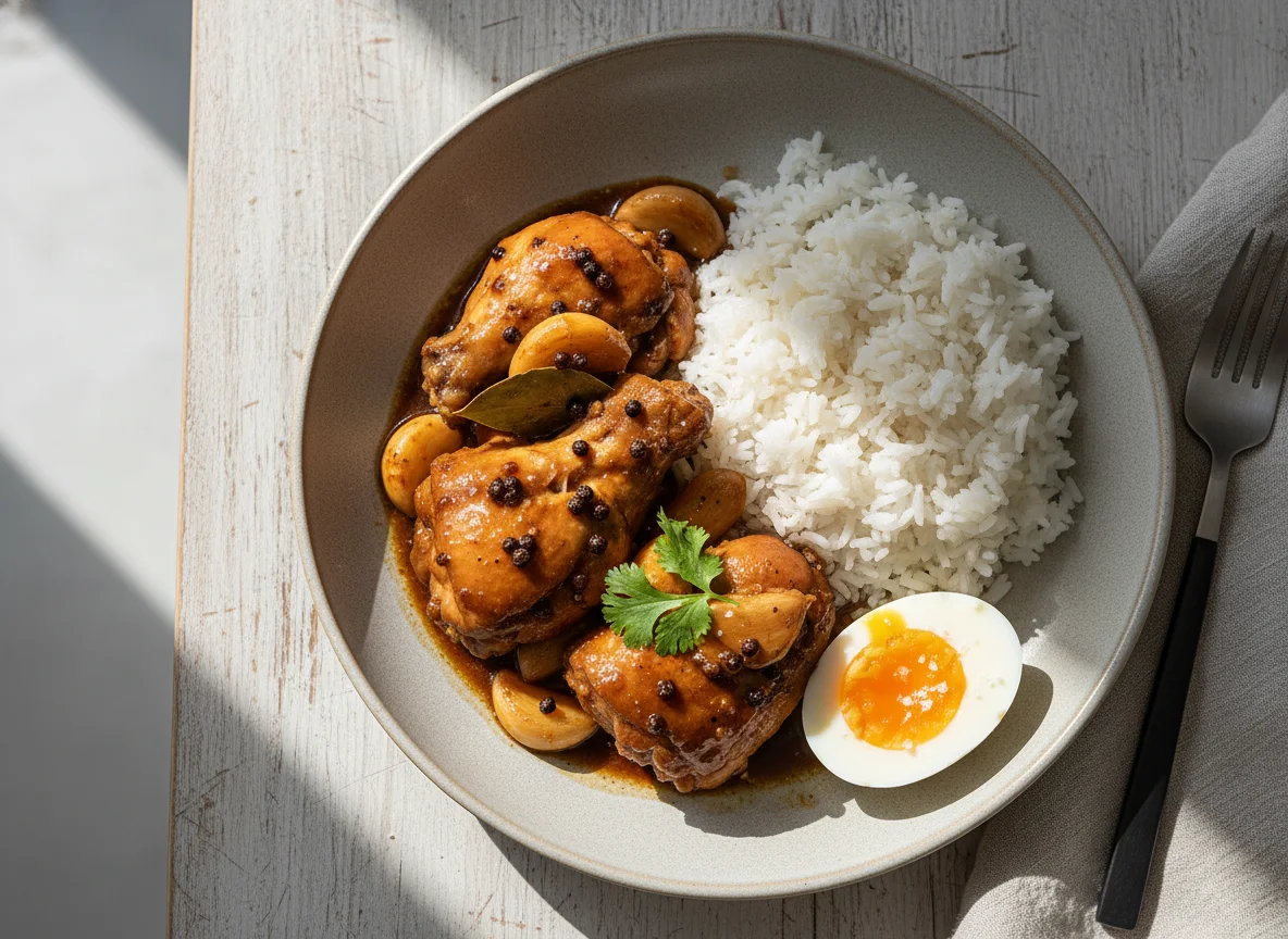 Chicken Adobo with Rice and Boiled Egg photo