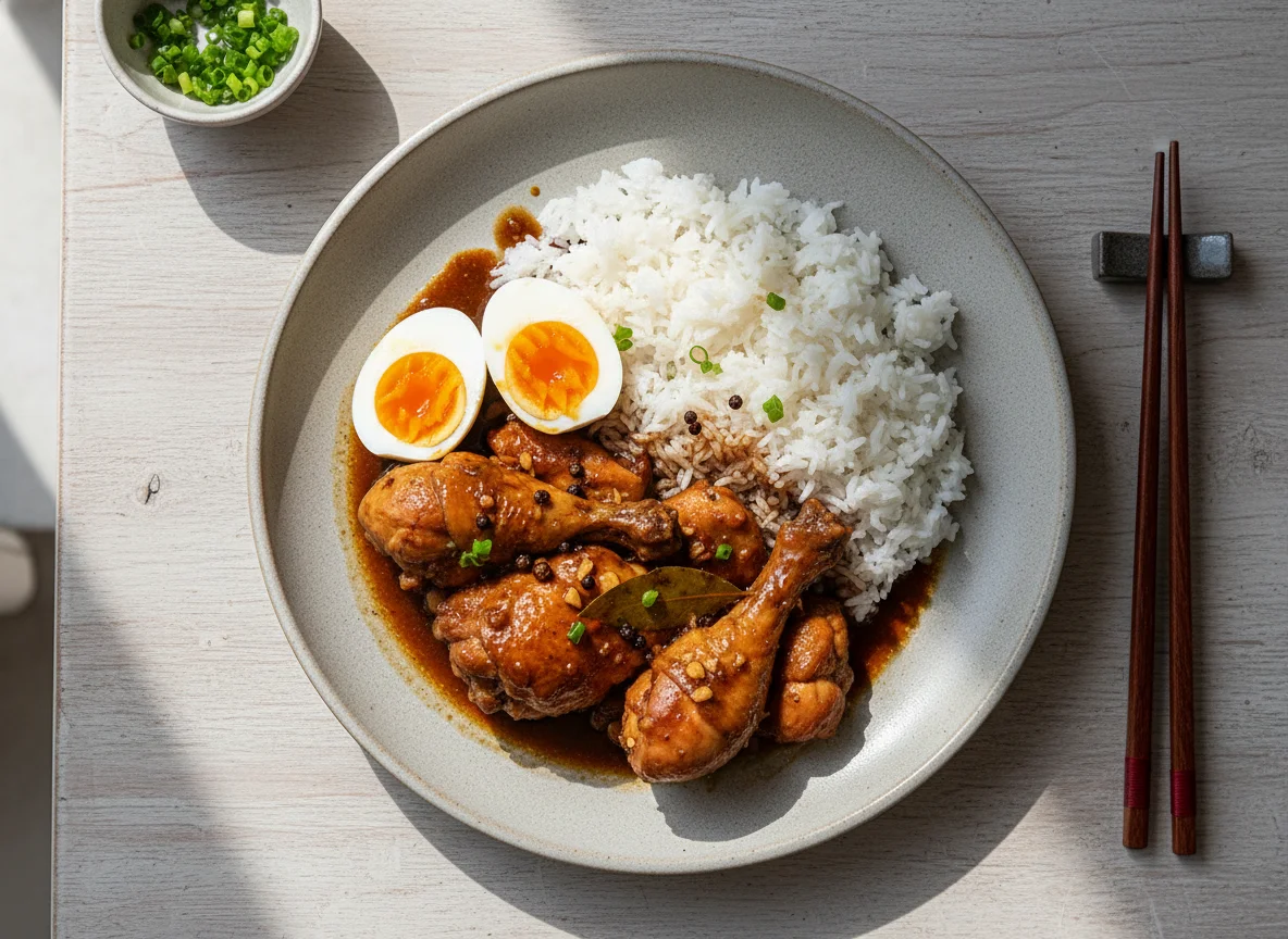 Chicken Adobo with Rice and Boiled Eggs photo