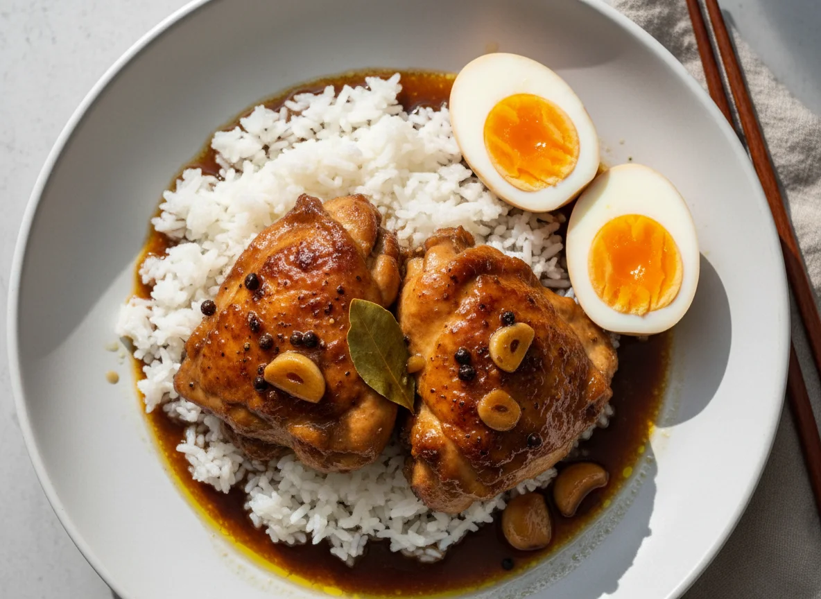 Chicken Adobo with Rice and Hard Boiled Eggs photo