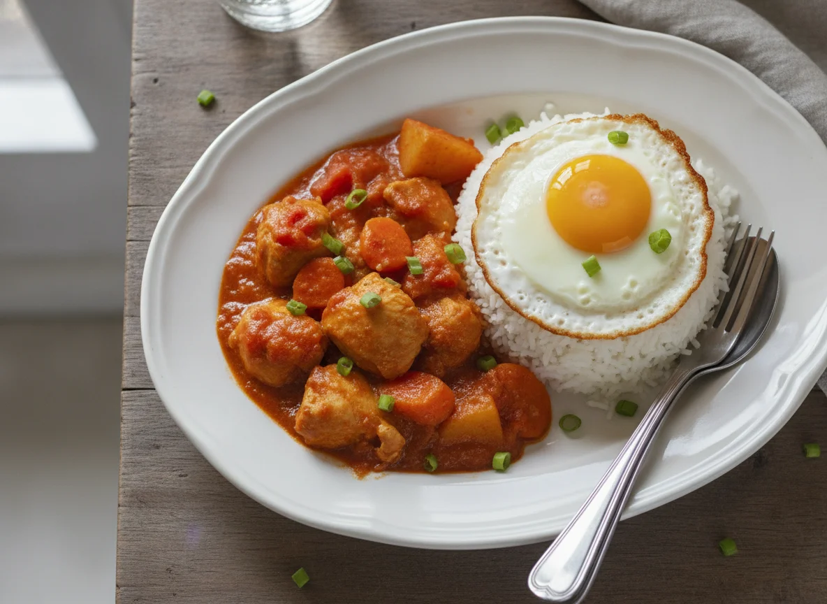 Chicken Afritada with Fried Egg and Rice photo