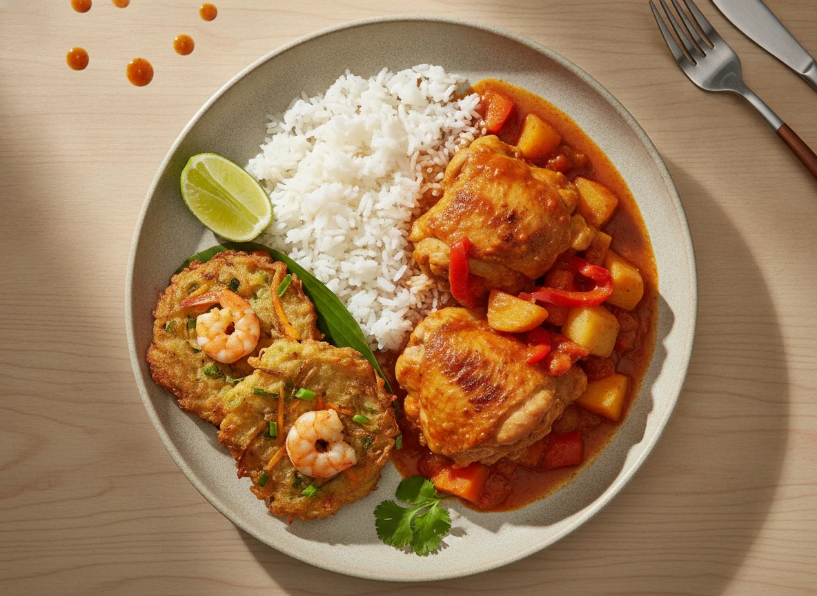 Chicken Afritada with Rice and Okoy photo