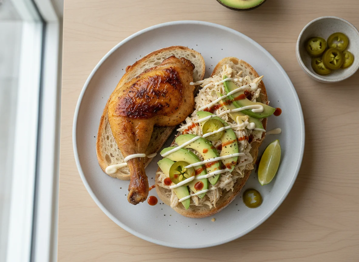 Chicken and Avocado Open Sandwich with Roasted Chicken Leg photo