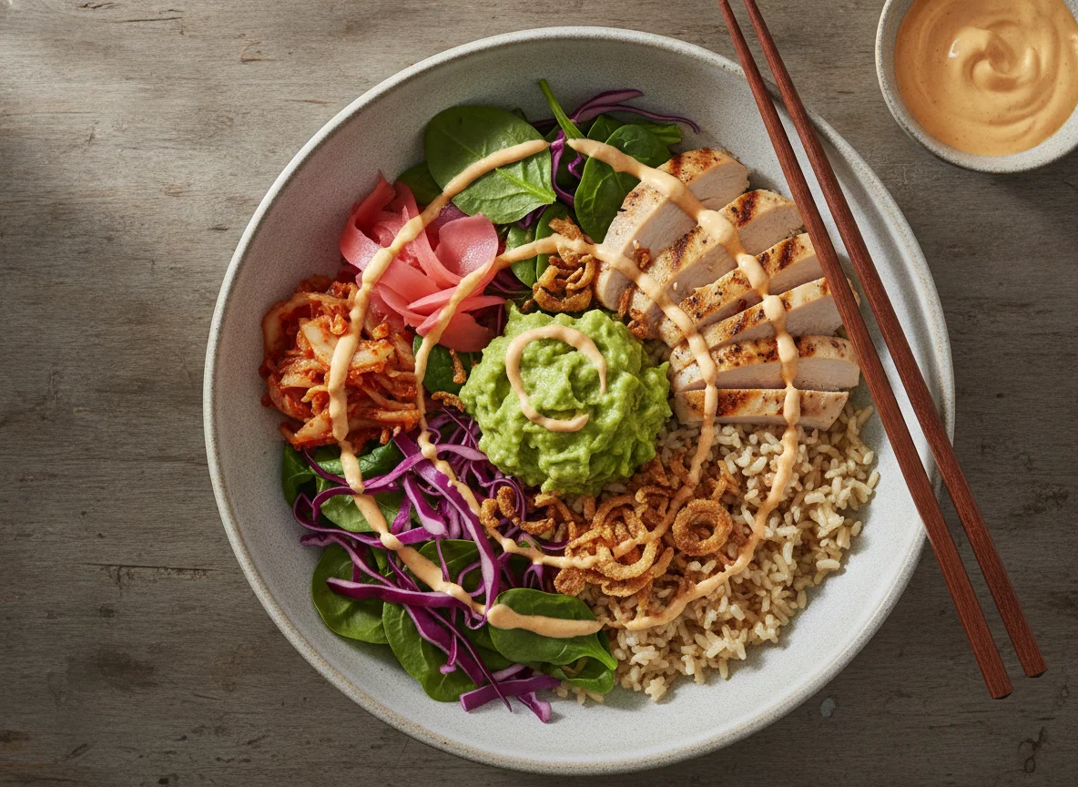 Chicken and Avocado Poke Bowl with Brown Rice and Kimchi photo