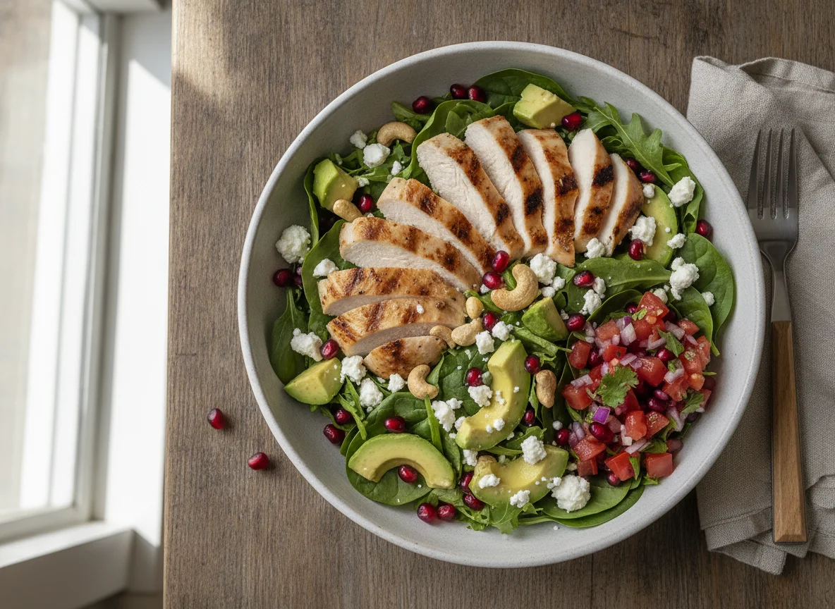 Chicken and Avocado Salad Bowl with Feta and Pomegranate photo