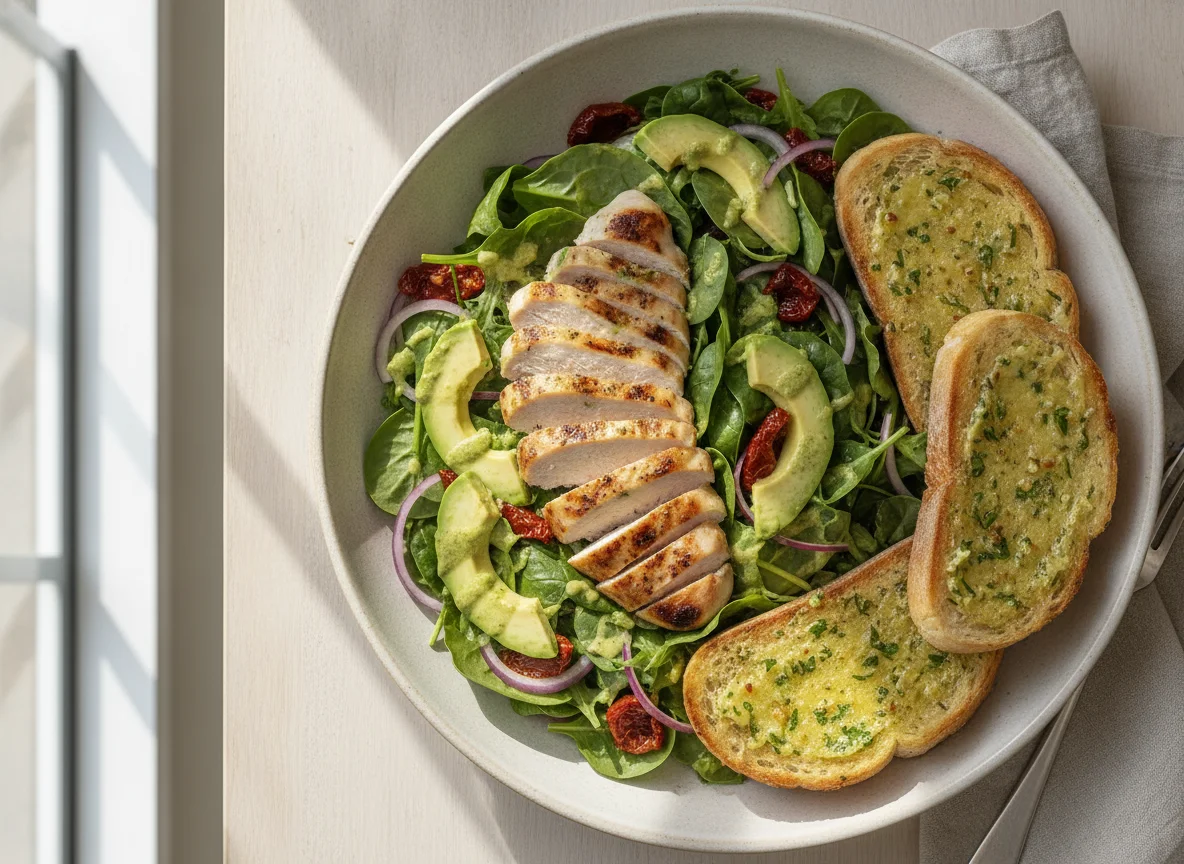Chicken and Avocado Salad with Garlic Bread photo