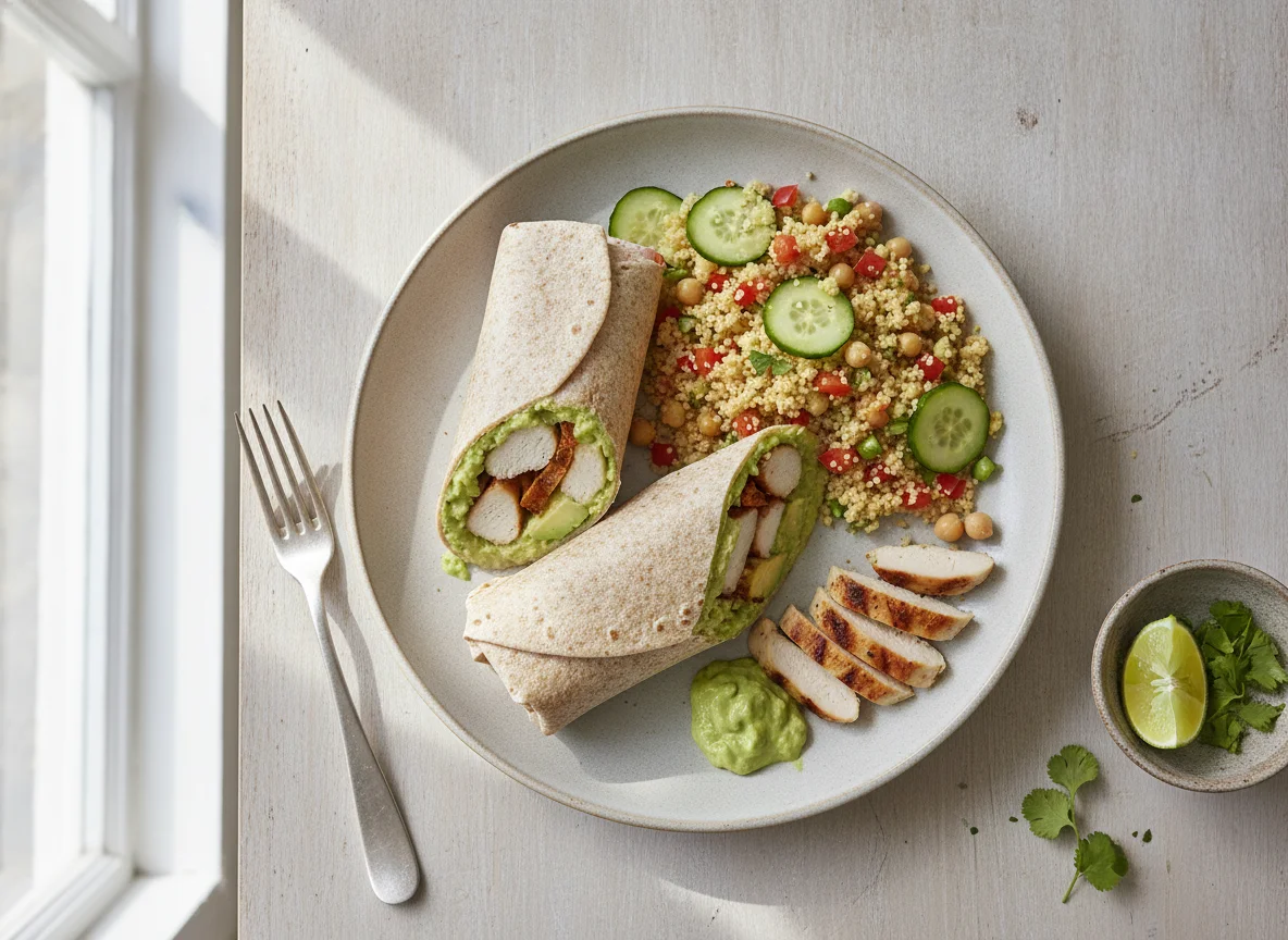 Chicken and Avocado Wrap with Couscous and Vegetables photo