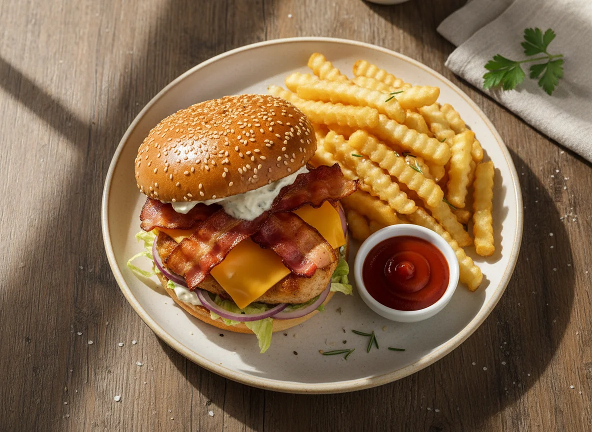 Chicken and Bacon Burger with Fries photo