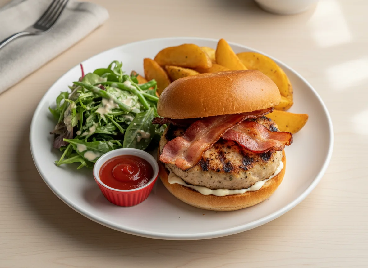 Chicken and Bacon Burger with Wedges and Salad photo