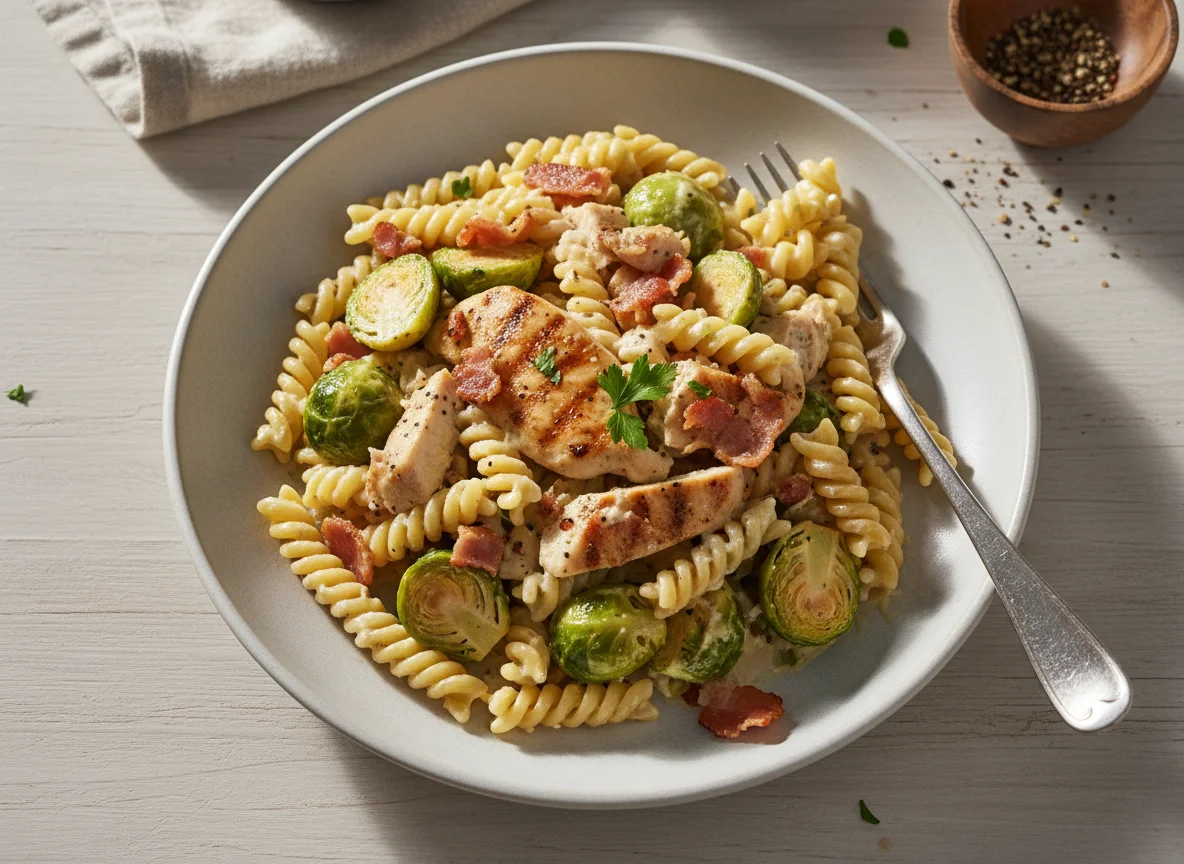 Chicken and Bacon Pasta with Brussels Sprouts photo