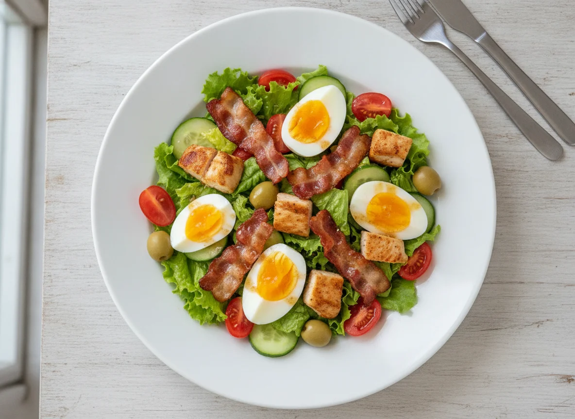 Chicken and Bacon Salad with Egg and Tomatoes photo