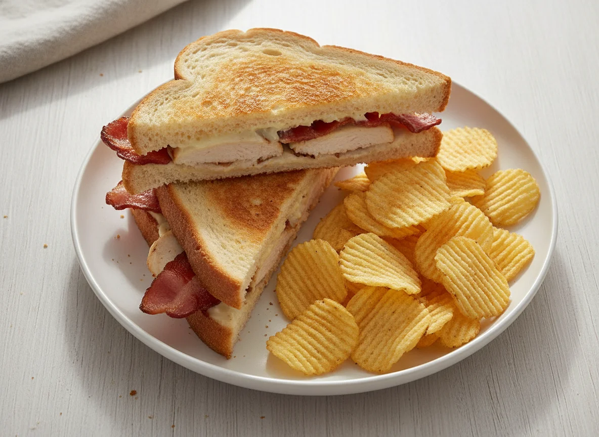 Chicken and Bacon Toasted Sandwich with Crisps photo