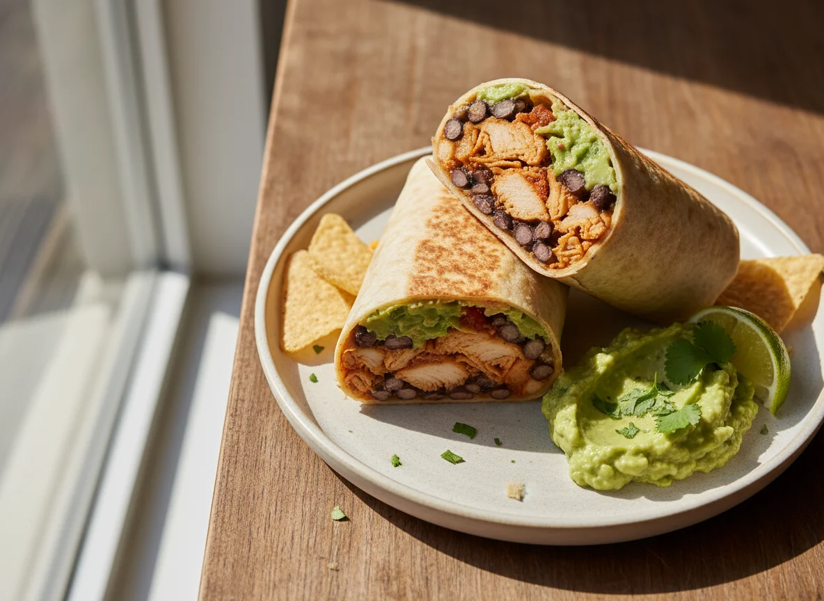 Chicken and Bean Burrito with Guacamole photo