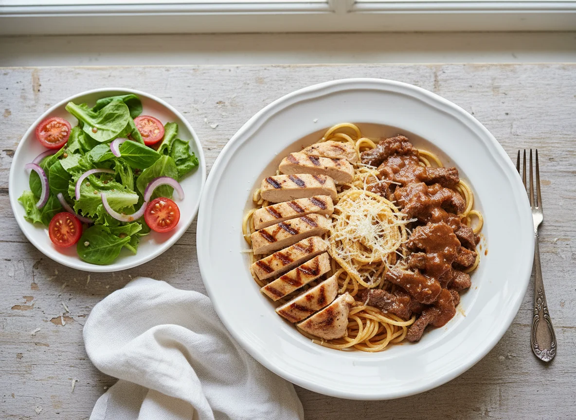 Chicken and Beef Pasta with Side Salad photo