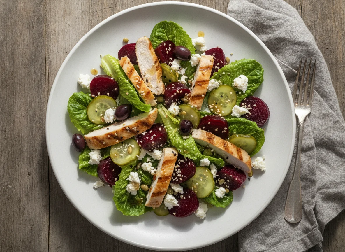 Chicken and Beetroot Salad with Feta and Pickles photo