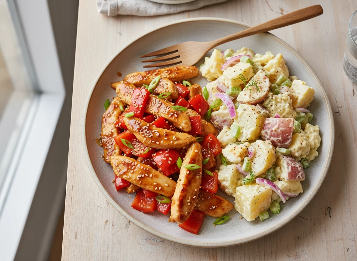 Chicken and Bell Pepper Stir-fry with Potato Salad photo