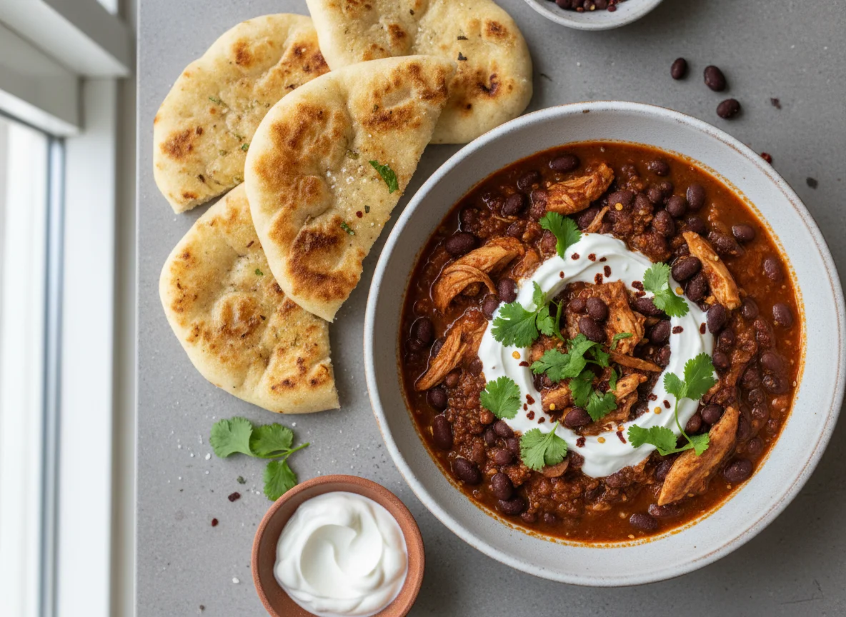 Chicken and Black Bean Chilli with Flatbread photo