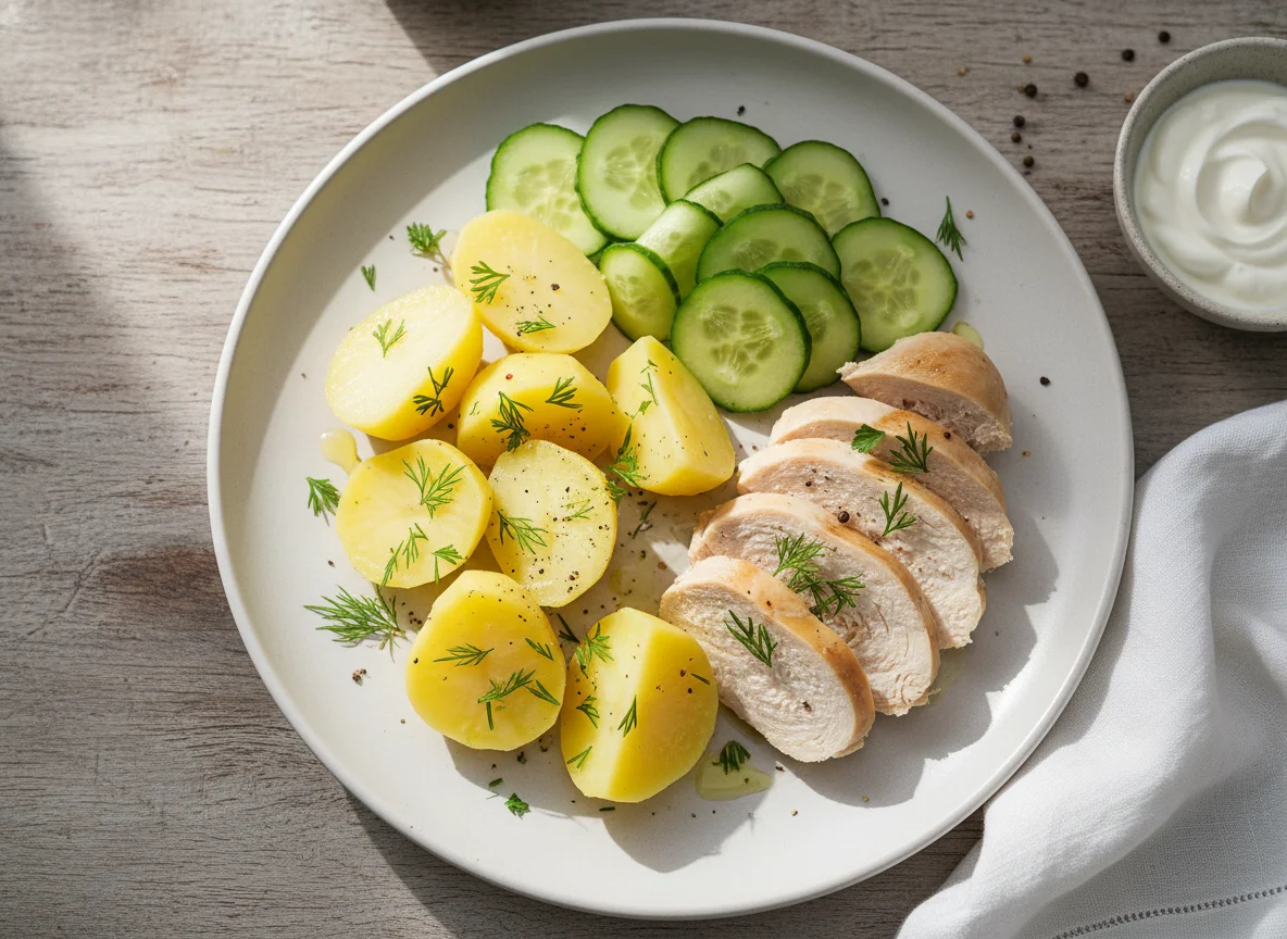 Chicken and Boiled Potatoes with Cucumber photo