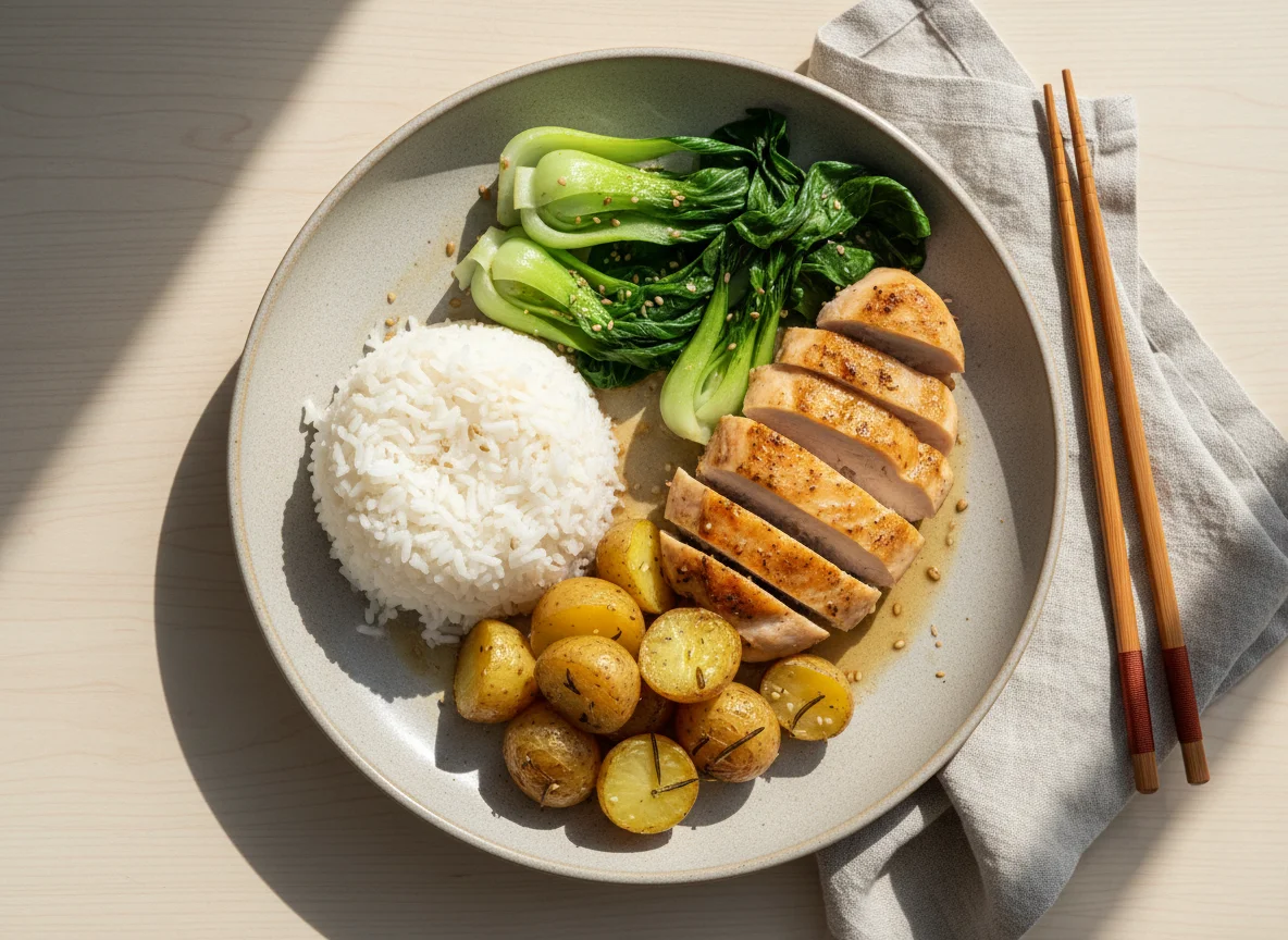 Chicken and Bok Choy with Rice and Potatoes photo