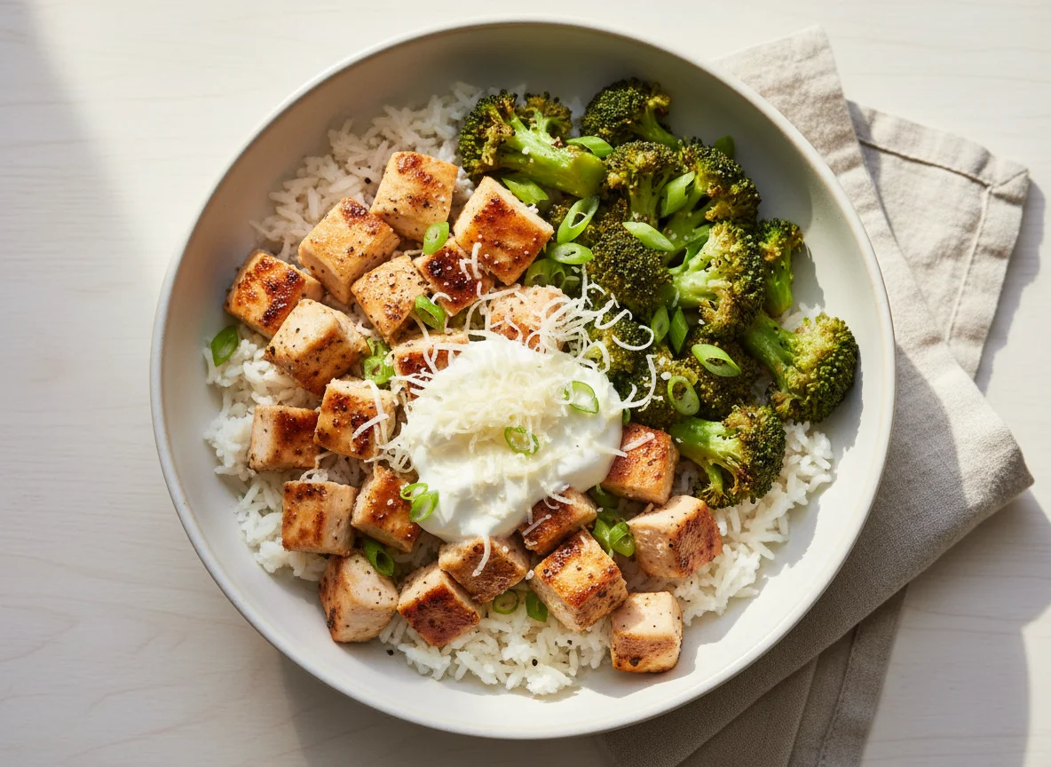 Chicken and Broccoli Rice Bowl with Sour Cream photo