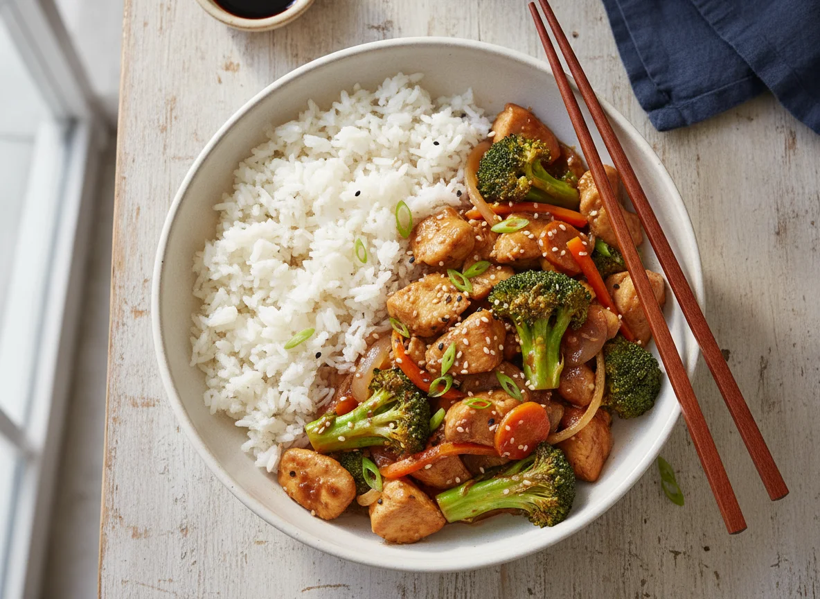 Chicken and Broccoli Stir-fry with White Rice photo