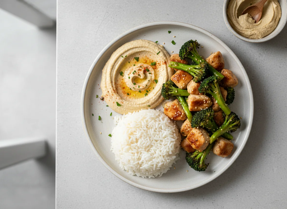 Chicken and Broccoli with Rice and Hummus photo