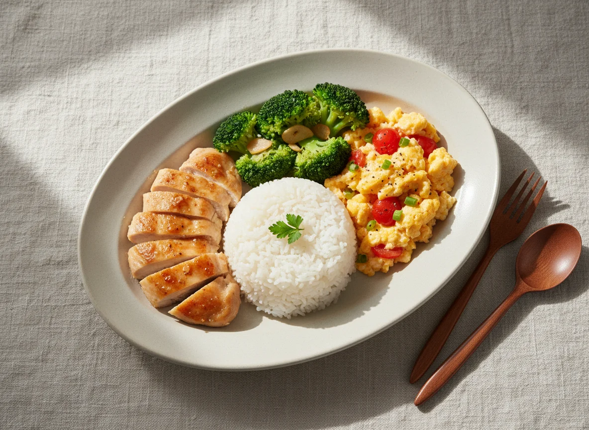 Chicken and Broccoli with Tomato Scrambled Eggs and Rice photo