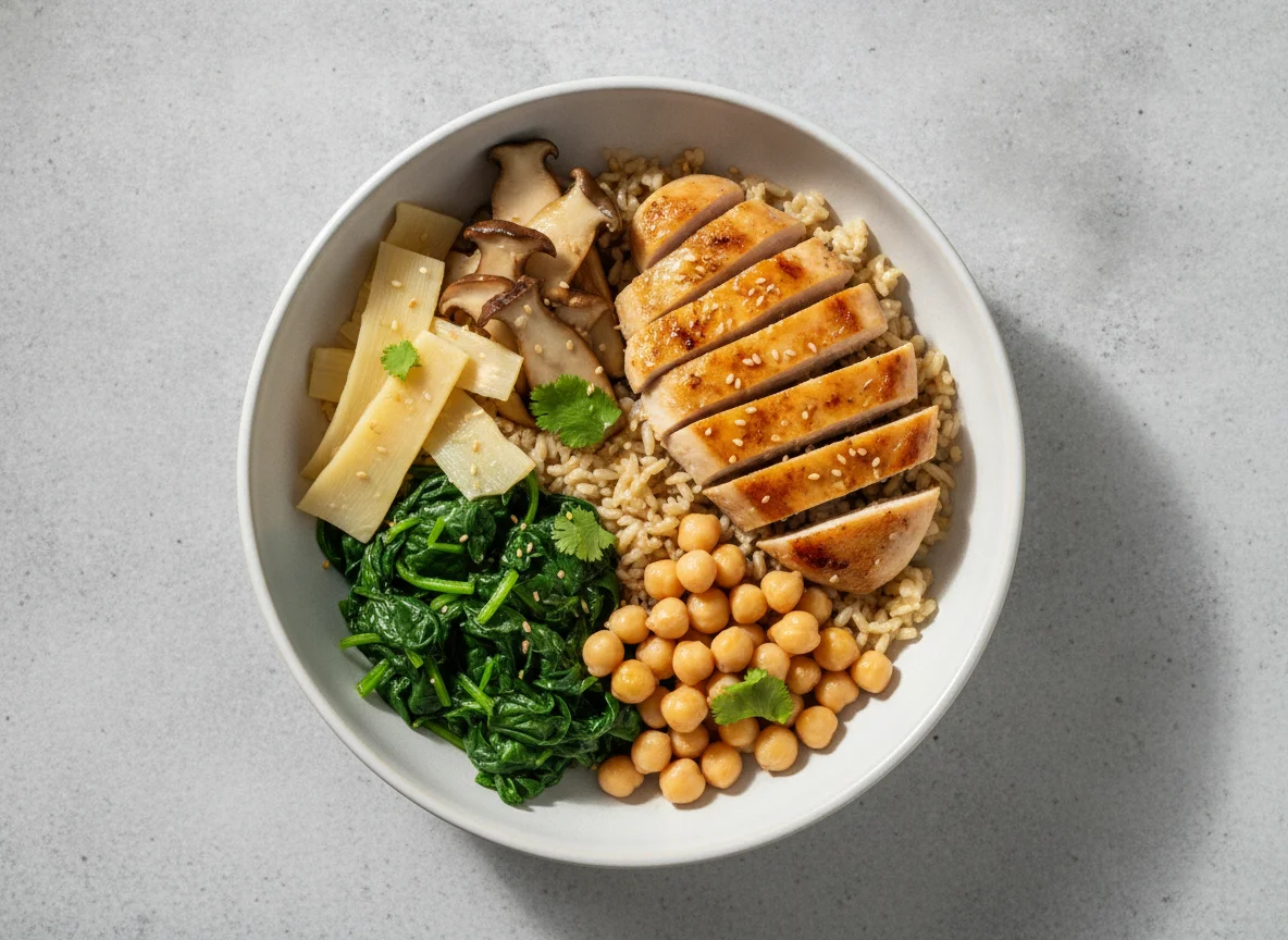 Chicken and Brown Rice Bowl with Spinach and Chickpeas photo