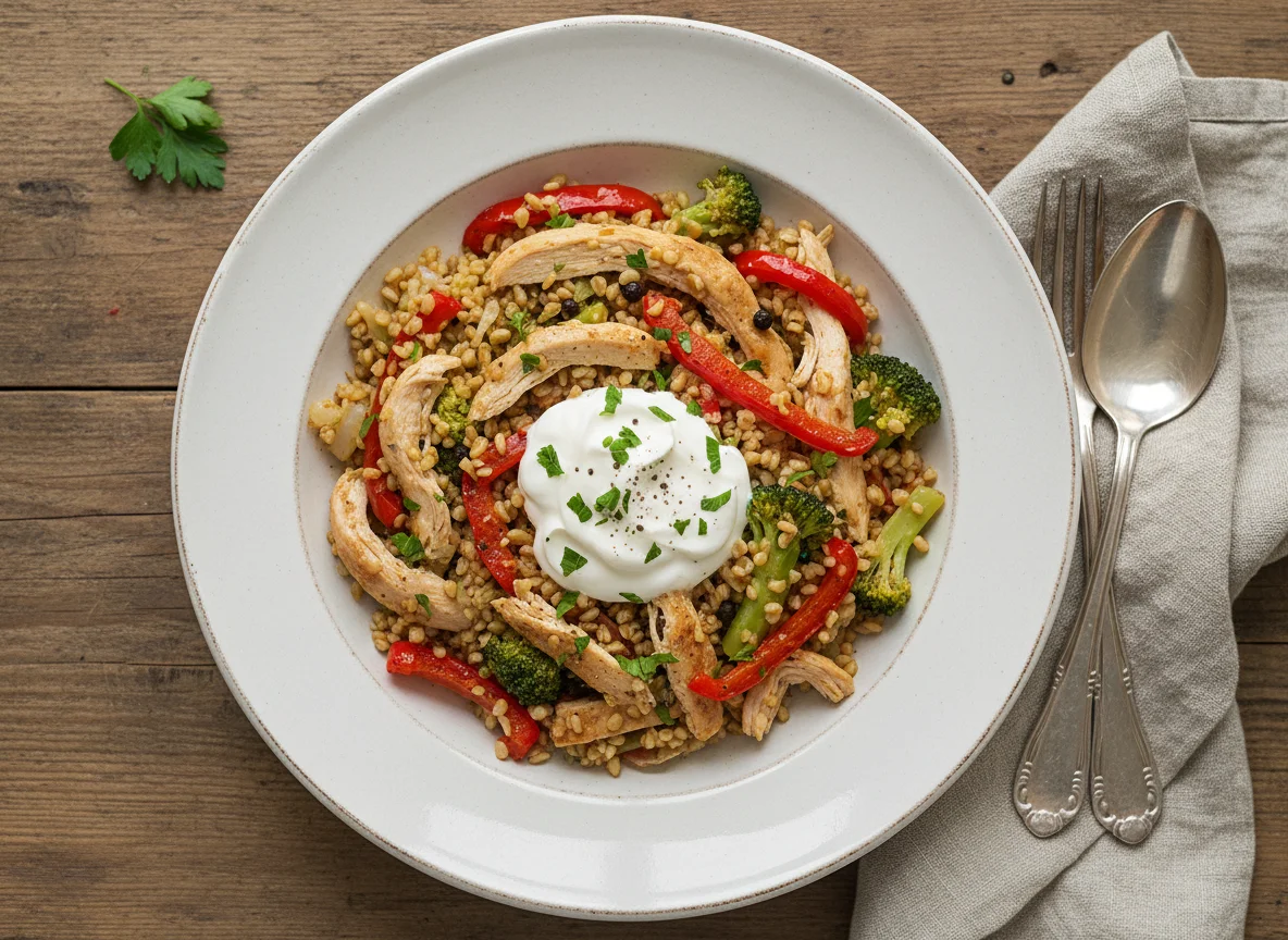 Chicken and Bulgur Pilaf with Vegetables and Sour Cream photo