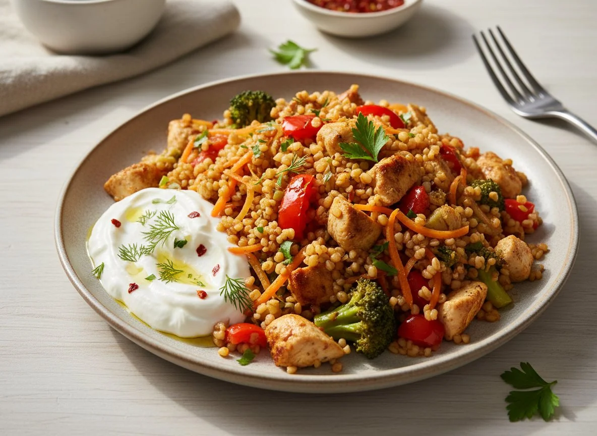 Chicken and Bulgur Pilaf with Vegetables and Yoghurt photo