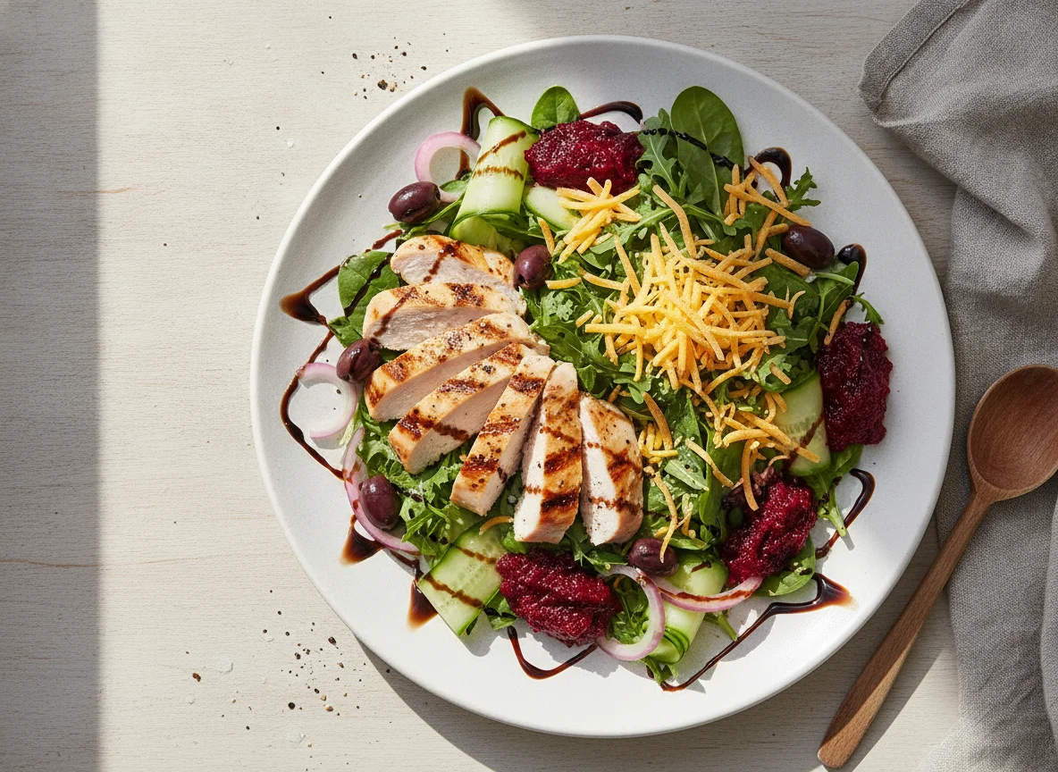 Chicken and Cheese Salad with Beetroot and Olives photo