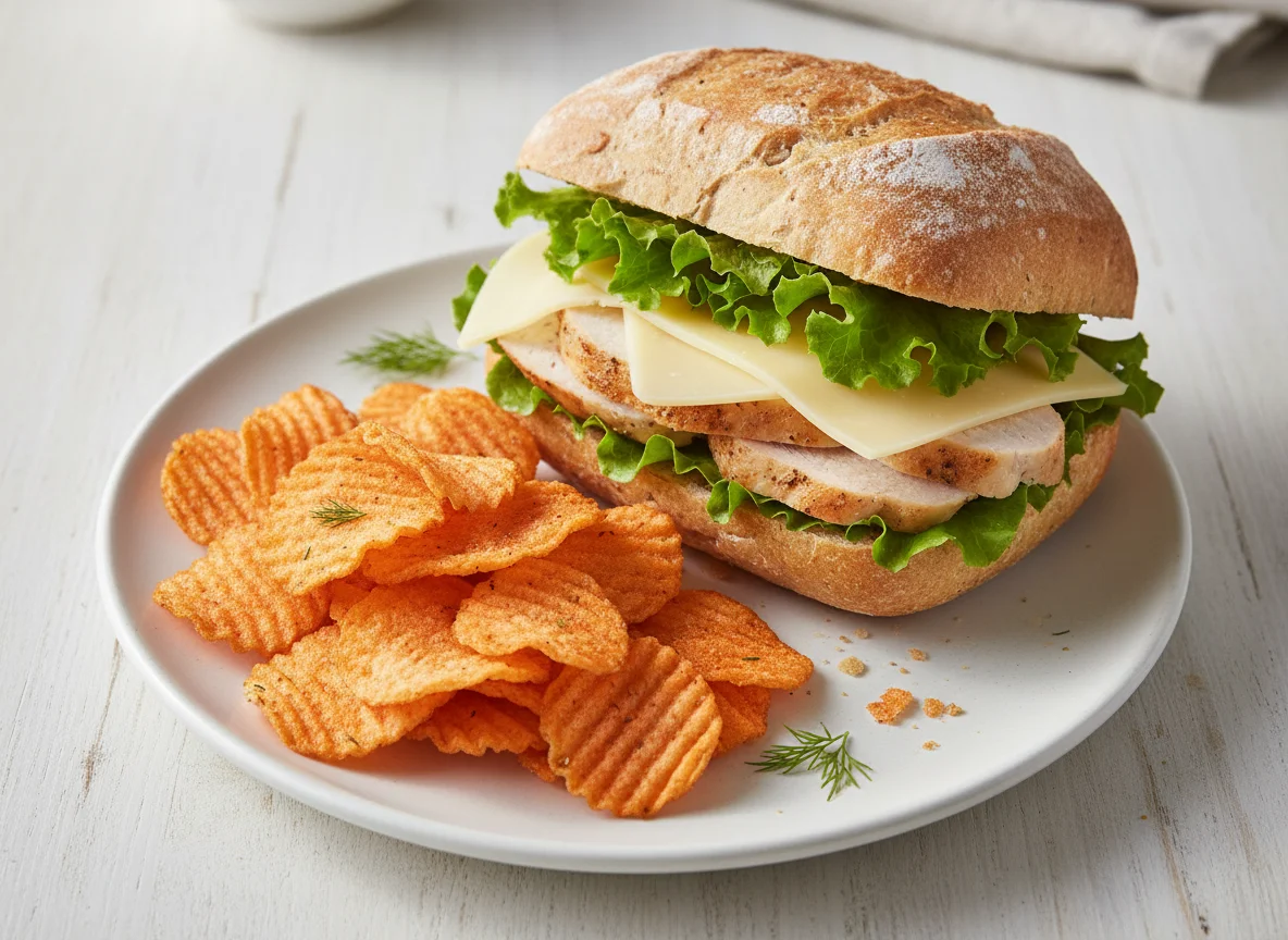 Chicken and Cheese Sandwich with Prawn Cocktail Crisps photo
