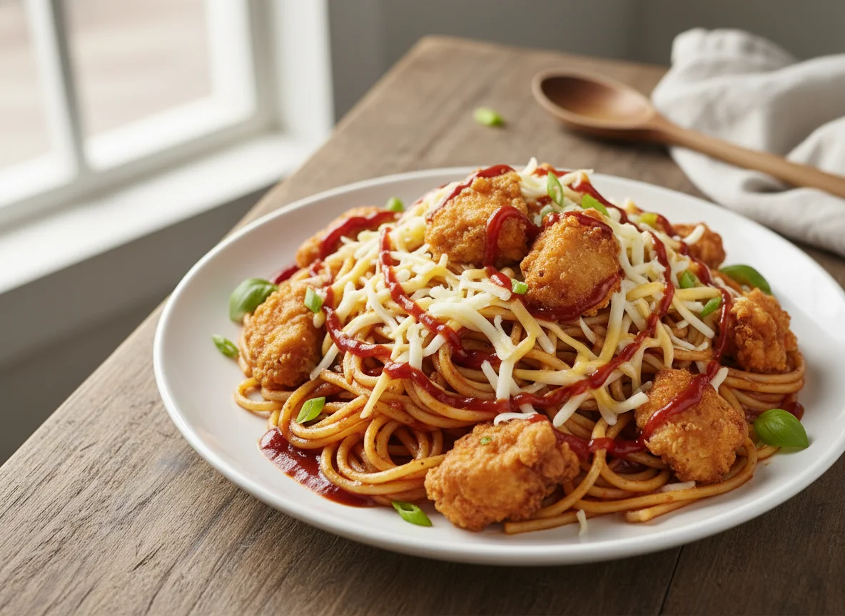 Chicken and Cheese Spaghetti with BBQ Sauce photo